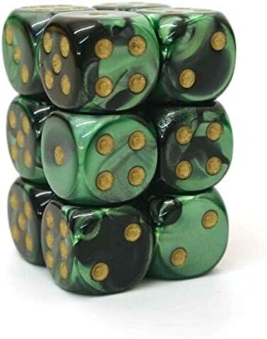 مجموعات النرد Chessex d6: الجوزاء الأسود والأخضر مع الذهب - 16 مم ستة جانبية يموت (12) كتلة النرد