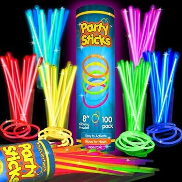 PartySticks Glow Sticks Bulk Party Favors 100pk - 8" Glow in the Dark Party Supplies, Light Sticks for Neon Party Glow Necklaces and Bracelets for Kids or Adults