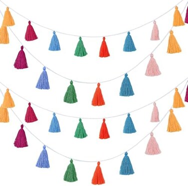 WILLBOND 4 Packs Cotton Tassel Garland Colorful Tassel Banner Decorative Wall Hanging for Home Decoration Wedding Birthday Baby Shower Party Supplies, Pre-Assembled (Tassel in 3.1 Inches)