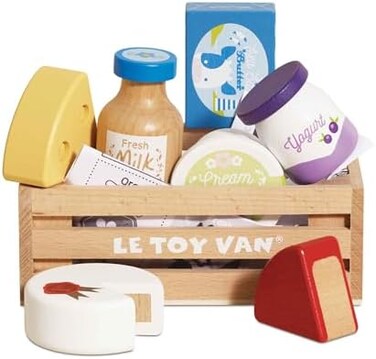 Le Toy Van - Wooden Honeybee Market Cheese &amp; Dairy Crate   Wooden Market Stall Food   Supermarket Pretend Play Shop Food (TV185)