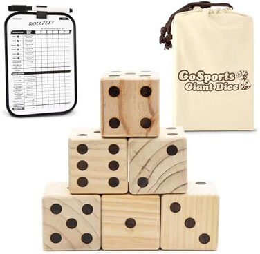 جو سبورتس مجموعة نرد لعب خشبية عملاقة مع رولزي إضافي ولوحة نتائج فاركل - تتضمن 6 نرد ولوحة نتائج قابلة للمسح الجاف وحقيبة حمل قماشية (اختر نرد 2.5 انش او 3.5 انش) 2.5 انش