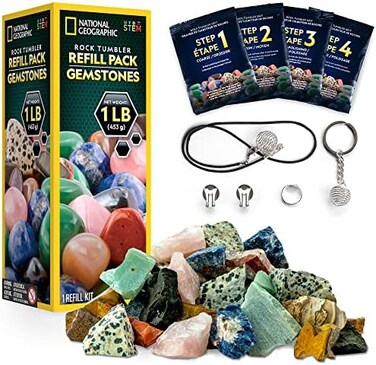 Blue Marble National Geographic Rock Cup Refill Set - A Mix Of 9 Gemstones Including Tiger's Eye, Amethyst, And Quartz - Comes With 4 Grit Grades, Jewelry Clasps, And A Detailed Instruction Guide