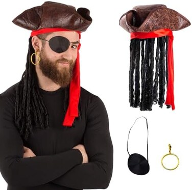 Tigerdoe Pirate Hat with Dreadlocks - Tricorn Pirate Hat - Caribbean Pirate Hat - Pirate Costume Accessories (3 Piece Set)