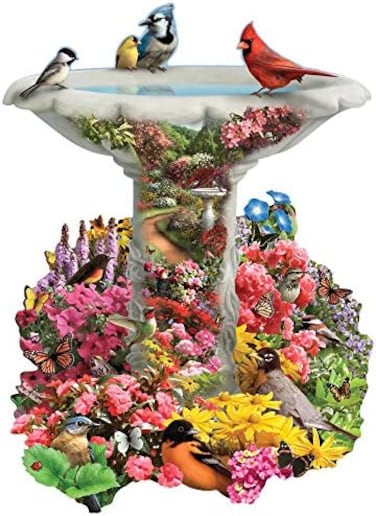 Bits and Pieces - 750 Piece Shaped Puzzle - Garden Birdbath, Busy Bird Fountain - by Artist Alan Giana - 750 pc Jigsaw