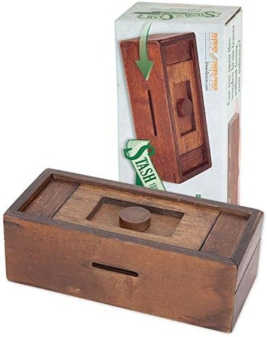 Bits and Pieces - Stash Your Cash - Secret Puzzle Box Brainteaser - Wooden Secret Compartment Brain Game for Adults