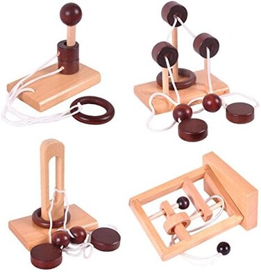 KINGOU 4 Pack Classical Wooden Puzzle Set Solution Rope Central Brain Teaser for Adults Game