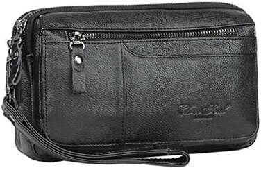 Hebetag Men Leather Clutch Purse Wallet Wristlet Zipper Passport Coin Phone Card Carrier Organizer Holder Wrist Bag Pack For Business Travel Casual Handbag Black