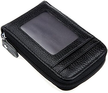 DEEZOMO RFID Blocking Genuine Leather Mini Credit Card Case Organizer Compact Wallet with ID Window - Black
