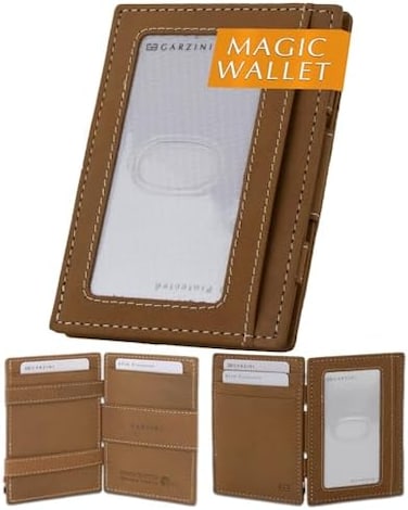 Garzini Magic Wallet with ID Window, Mens wallet leather, ID card holder RFID blocking, Slim wallet for Men for 8 cards, 03 Camel Brown, One Size, Minimalist
