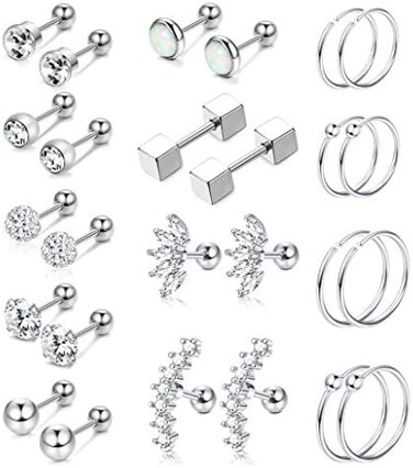 YADOCA 13 Pairs Stainless Steel Cartilage Stud Earrings for Men Women Helix Tragus CZ Barbell Conch Piercing Earrings Ear Hoop Earrings