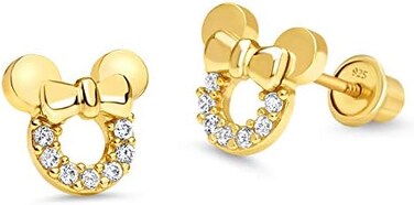 Lovearing 14k Gold Plated Brass Mouse Cubic Zirconia Screwback Baby Girls Earrings with Sterling Silver Post