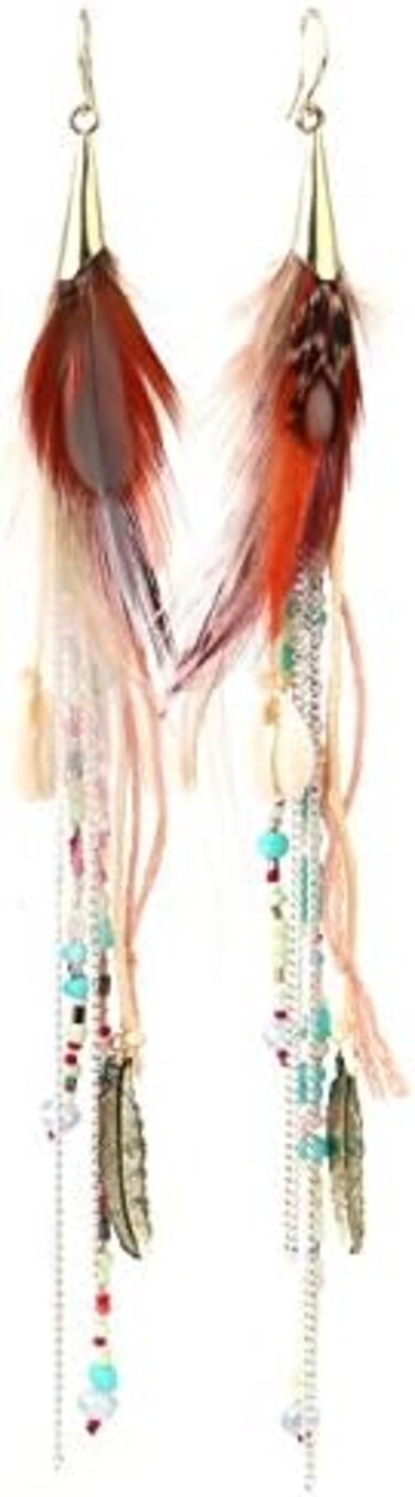 badu Feather Women Earrings Long Tassel Bohemian Natural Crystal Beads Jewelry Wedding Accessories (Color)