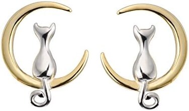 S.Leaf Cat on Moon Stud Earrings Sterling Silver Crescent Moon Cat Earrings Cat Lovers Gift (silver and gold)