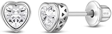 In Season Jewelry 925 Sterling Silver 5Mm Heart Earrings For Girls With Simulated Birthstone And Screw Back - Safety Earrings For Toddlers - High-Quality Cubic Zirconia Heart Earrings For Children
