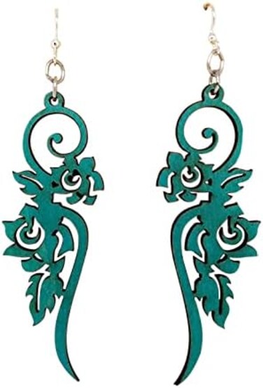Green Tree Jewelry Long Flower Wooden Earrings for Women with Stainless Steel Hooks,Teal