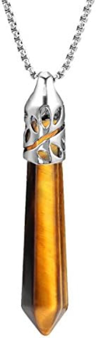 BEADNOVA Healing Crystal Necklace for Women Men Natural Yellow Tiger Eye Pendant Energy Healing Gemstones Jewelry Pendulum Crystal Divination(Hexagonal, 18 Inches Stainless Steel Chain)