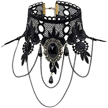 ETERNITY J. Elegant Vintage Princess Black Lace Gothic Statement Jewelry Necklace Bracelet Victorian Lolita Choker Pendant Vampire Chain, Lace, synthetic