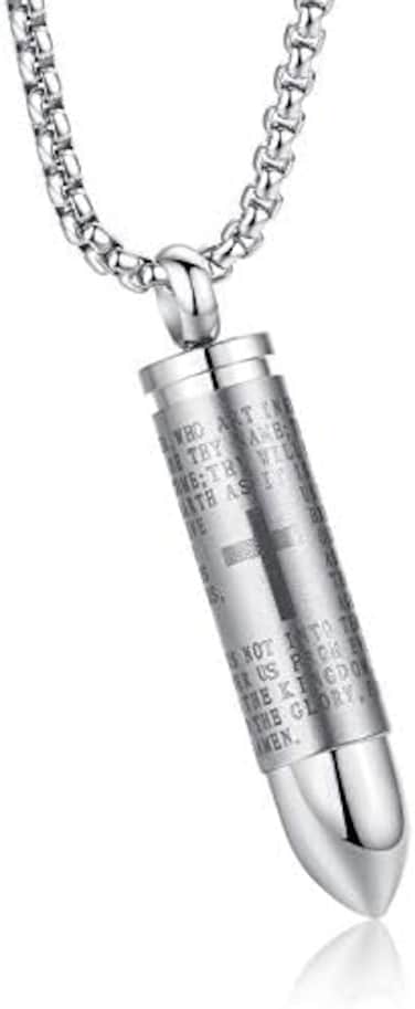 MONIYA Stainless Steel Bullet Pendant Urn Ashes Necklace Cross Lords Prayer in English, 22inch Box Chain