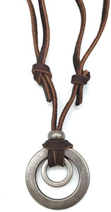 jonline24h Mens Womens Double Ring Pendant Adjustable Leather Cord Necklace Chain, Brown Silver