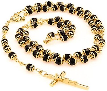 LIFETIME JEWELRY Rosary Necklace, Black Crystal Prayer Beads, 24K Gold Over Bronze, Catholic Jesus Crucifix Pendant and Virgin Mary, Guaranteed for Life, 28-30 Inches