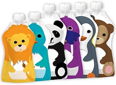 Squooshi Reusable Baby Food Pouches (6 Pack) Easy to Fill Freezer &amp; Dishwasher Safe Squeezable Pouches with Cute Animal Designs for Babies and Kids, Combo of 4 Large 5 Oz &amp; 2 Small 3.4 Oz Pouches