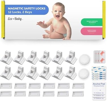 اقفال خزانة مغناطيسية للاطفال من ايكو بيبي - اقفال خزانة مغناطيسية لحماية الاطفال، اقفال اطفال للخزائن والادراج والابواب للعودة الى المدرسة - سهلة التركيب ولا تحتاج الى ادوات (12 عبوة ومفتاحين)