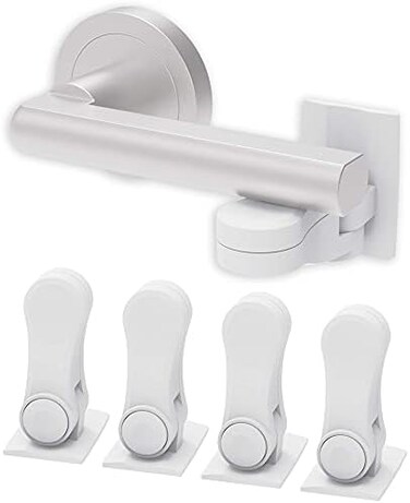 اينايا قفل ذراع باب مقاوم للاطفال (عبوة من 4 قطع) - قفل مقبض الباب - لاصق 3 ام - تصميم بسيط - اقفال مقبض باب امان للاطفال بدون ثقب