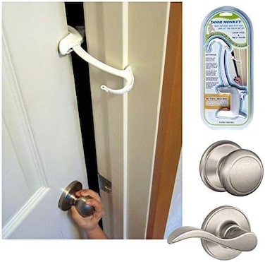 Door Monkey Child Proof Door Lock &amp; Pinch Guard - For Door Knobs &amp; Lever Handles- Easy to Install-No Tools or Tape Required - Baby Safety Door Lock For Kids - Very Portable-Great for Dogs &amp; Cats,White