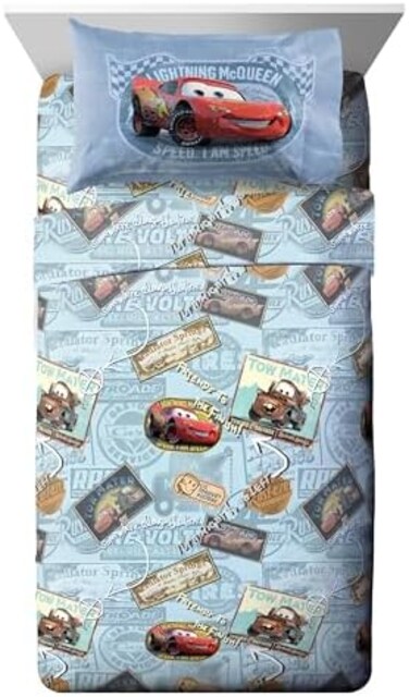 جاي فرانكو طقم ملاءات كاملة من 4 قطع من ديزني / بيكسار كارز تون اب ازرق/رمادي مع لايتنينج ماكوين اند ماتر (منتج رسمي من ديزني/بيكسار)