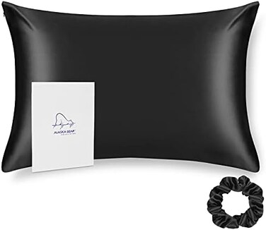 ALASKA BEAR Silk Pillowcase for Hair and Skin Beauty Sleep 100 Real Mulberry Silk Anti-Aging Pillow Slip Case Cover Standard Size with Zipper (1pc, Black)