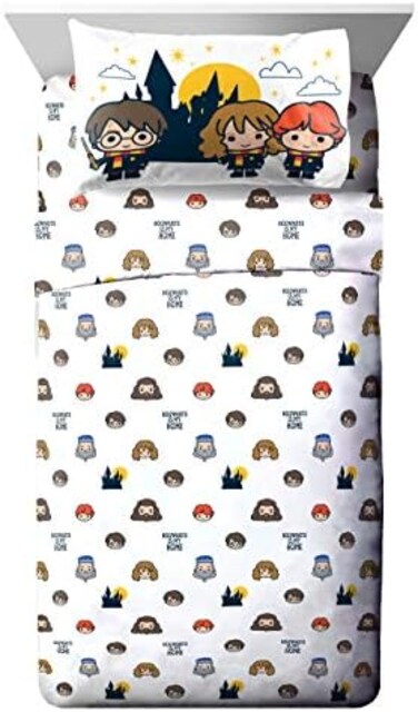 طقم ملاءات سرير مكون من 3 قطع بتصميم هاري ورون وهيرموين وهاجريد ودمبلدور، ابيض