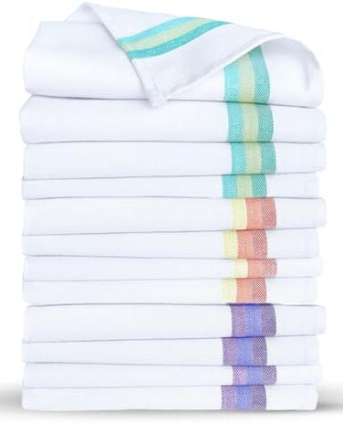 مجموعة مناشف اطباق للمطبخ مكونة من 12 منشفة شاي مصنوعة من القطن بنسبة 100%. مناشف اطباق كبيرة 28 انش × 20 انش ناعمة وممتصة. ابيض مع خطوط زرقاء وخضراء وحمراء، 4 قطع لكل منها. لا يوجد بديل