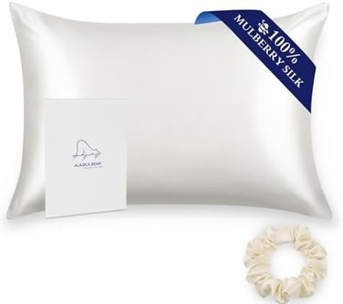 ALASKA BEAR 100% Mulberry Silk Pillowcase for Hair and Skin Health, Hypoallergenic, Standard Size 50x75cm Natural Silk Pillow Case Slip Beauty Sleep (1pc, Ivory White)