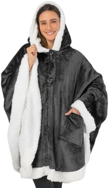 بطانية بغطاء رأس من الصوف الصناعي بتصميم آنجل راب من بافيليا   غطاء رأس لتغطية البطانية مع صوف دافئ، من القطيفة، ناعمة وقابلة للارتداء, One Size