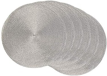 Dii Woven Placemats Collection Metallic Round Placemat Set, 15", Silver, 6 Piece