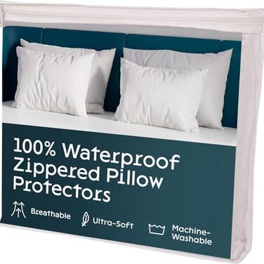 واقي وسادة مقاوم للماء 100% ضد الحساسية، مقاوم للبقّ والفطريات، قماش بوليستر جيرسي ناعم مع سحاب، يغطي حواف الوسادة ويحمي من العث والحشرات، أغطية مريحة، أبيض، 4 قطع