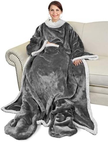 كاتالونيا بطانية شيربا قابلة للارتداء مع اكمام وجيوب قدم للبالغين من النساء والرجال، بطانية مريحة ملفوفة باكمام طويلة، فكرة هدية، رمادي