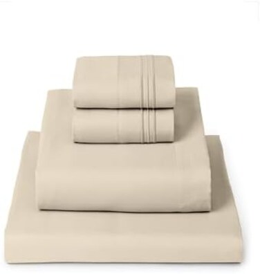 ميلاني طقم ملاءات سرير من المايكروفايبر المصقول 1800 - مقاوم للتجاعيد والبهتان والبقع - 4 قطع (كوين، بيج)