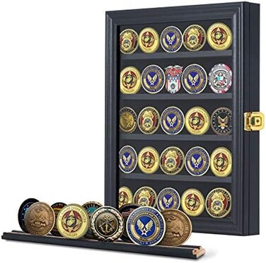 Jinchuan Military Challenge Coin Display Case, Lockable Cabinet Holder, Shadow Box with 2 Removable Groove Shelves and Anti-Fade Acrylic Glass Door for Poker and Casino Chip Collectibles, Black.