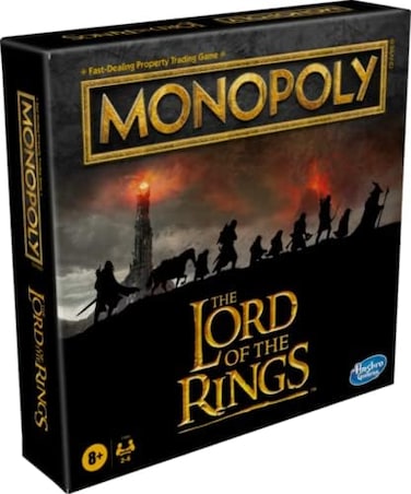 Monopoly board game by Hasbro Gaming: The Lord of the Rings Edition. Inspired by the film trilogy, play as a member of the Fellowship. For ages 8 and up