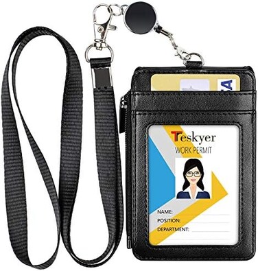 Teskyer ID Badge Holder with Retractable Lanyard, 4 Card Slots ID Card Holder with Zipper Pocket, Easy Swipe ID Holder for Work ID, School ID, Metro Card and Access Card.