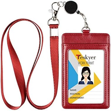 Teskyer Badge Holder, Leather ID Badge Holder with Retractable Neck Lanyard for Offices ID, School ID, Driver Licence 2 Card Slots.
