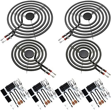 AMI PARTS MP22YA Electric Range Burner Element Unit Set（2 pcs MP21YA 8"2 pcs MP15YA 6"with 4pcs 330031 Range Burner Receptacle Kit Fit for Whirl-pool Ken-more Stoves Replace WP660532, WP660533.