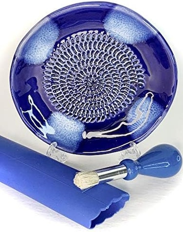 BonCera All-in-one 4pcs Premium Ceramic Garlic Grater Set - Hand-Made, Blue Glazed Design Grater Plate w/Garlic Peeler, Gathering Brush, Display Stand, It's also grating Turmeric, Ginger, and more,.