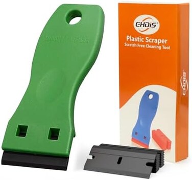 EHDIS 1. 5" Plastic Razor Scraper with 10pcs Double Edged Plastic Blades for Removing Labels Stickers Decals on Glass Windows (Green.