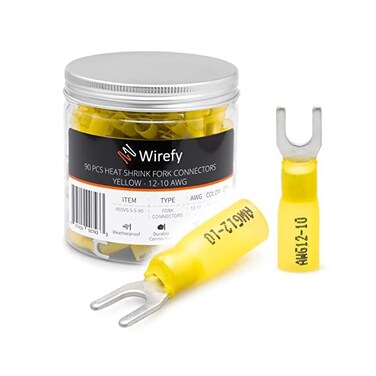 Wirefy 90 PCS Heat Shrink Fork Connectors10 - Crimp Fork Terminals - Yellow 12-10 Gauge.