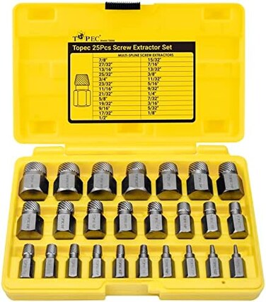 Topec 25Pcs Screw Extractor Set, Hex Head Multi-Spline Easy Out Bolt Extractor Set, Premium CR-MO Steel Rounded Bolt Remover.