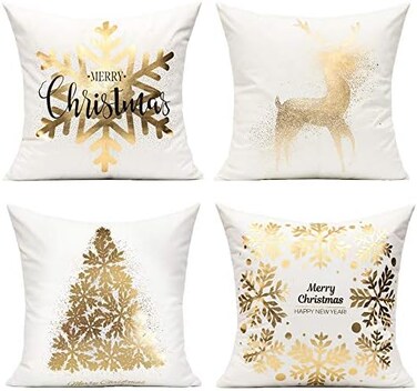 All Smiles White Gold Christmas Decorations Throw Pillow Covers 18X18 Set of 4 Winter Xmas Navidad Home Holiday D&eacute;cor Velvet Cushion Cases for Sofa Tree Snowflake Reindeer.