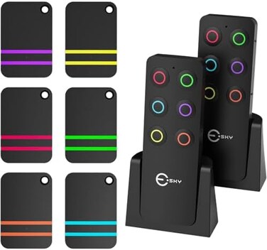 Esky Key Finder, RF Item Locator with 2 Transmitters and 6 Receivers, 98ft Working Range 90dB Loud Beeps Wireless Item Tracker Support Remote Control for Finding Pet, Wallet and Key.