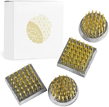 Wazakura 4PCS Mini Ikebana Kenzan Japanese Flower Holder Pin Cushion, Made in Japan, Flower Arranging Accessories Pin Flower Frog, Round Square - 1"(24mmBrass.